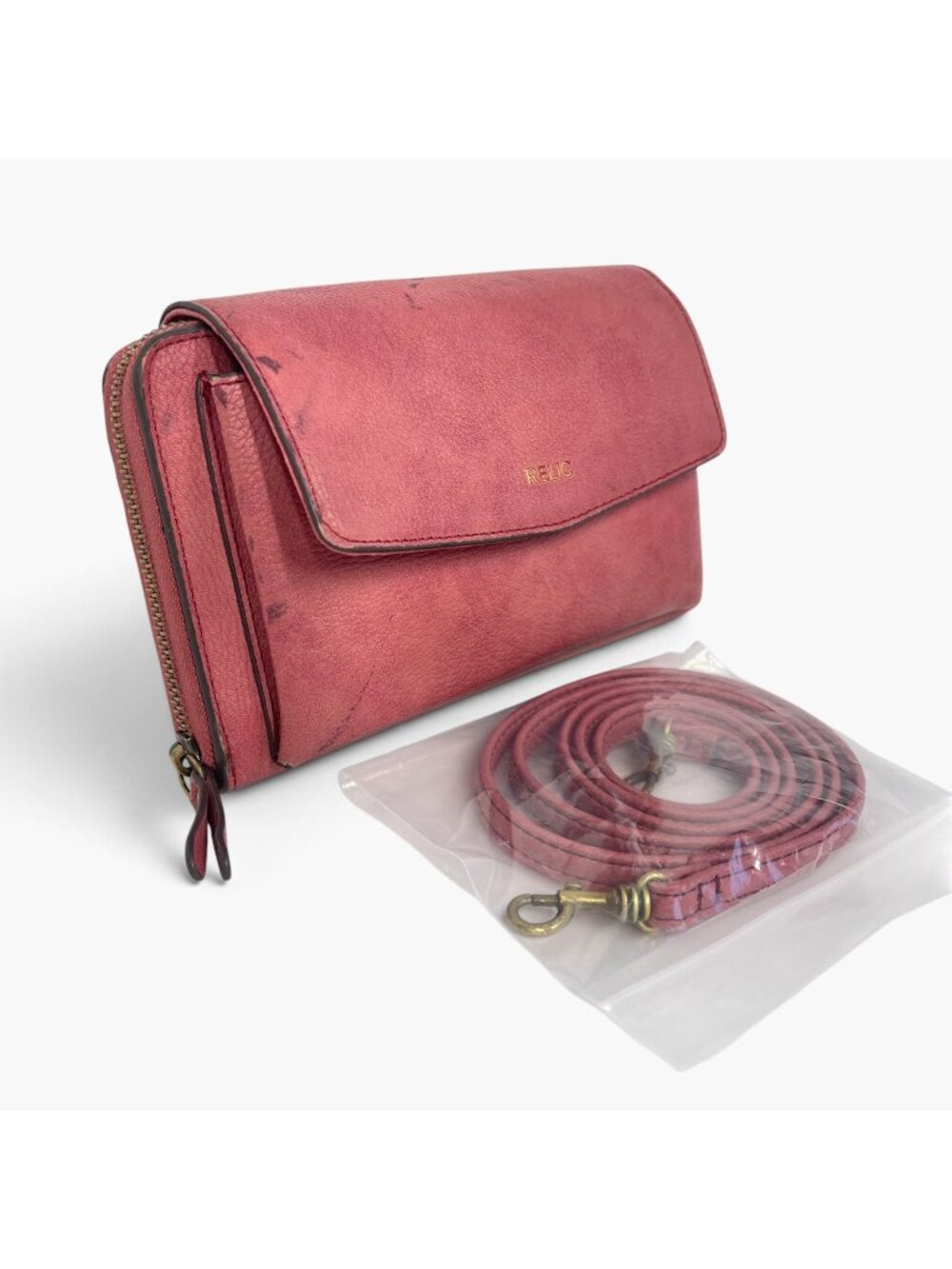Relic Pink Oiled Leather Crossbody Wallet Clutch Multiple Compartments 7.5" x 5"